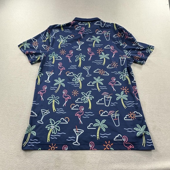 Chubbies Polo Shirt Mens Large Navy Tropical Flamingo Palm Trees Drinks Stretch - Picture 2 of 9